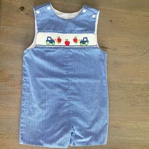 Blue and white smocked shortalls